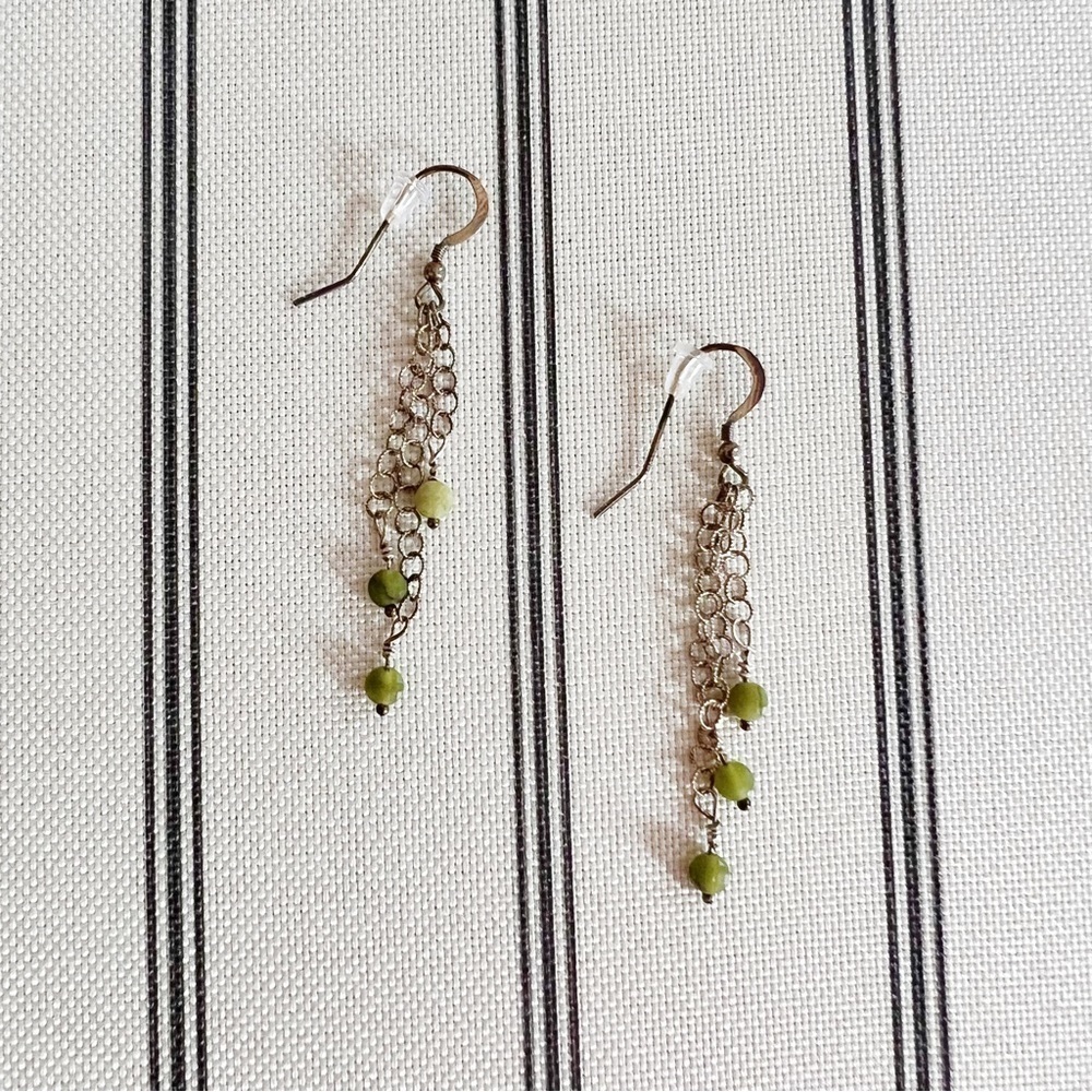 Handmade Silver & Green Bead Dangle Earrings